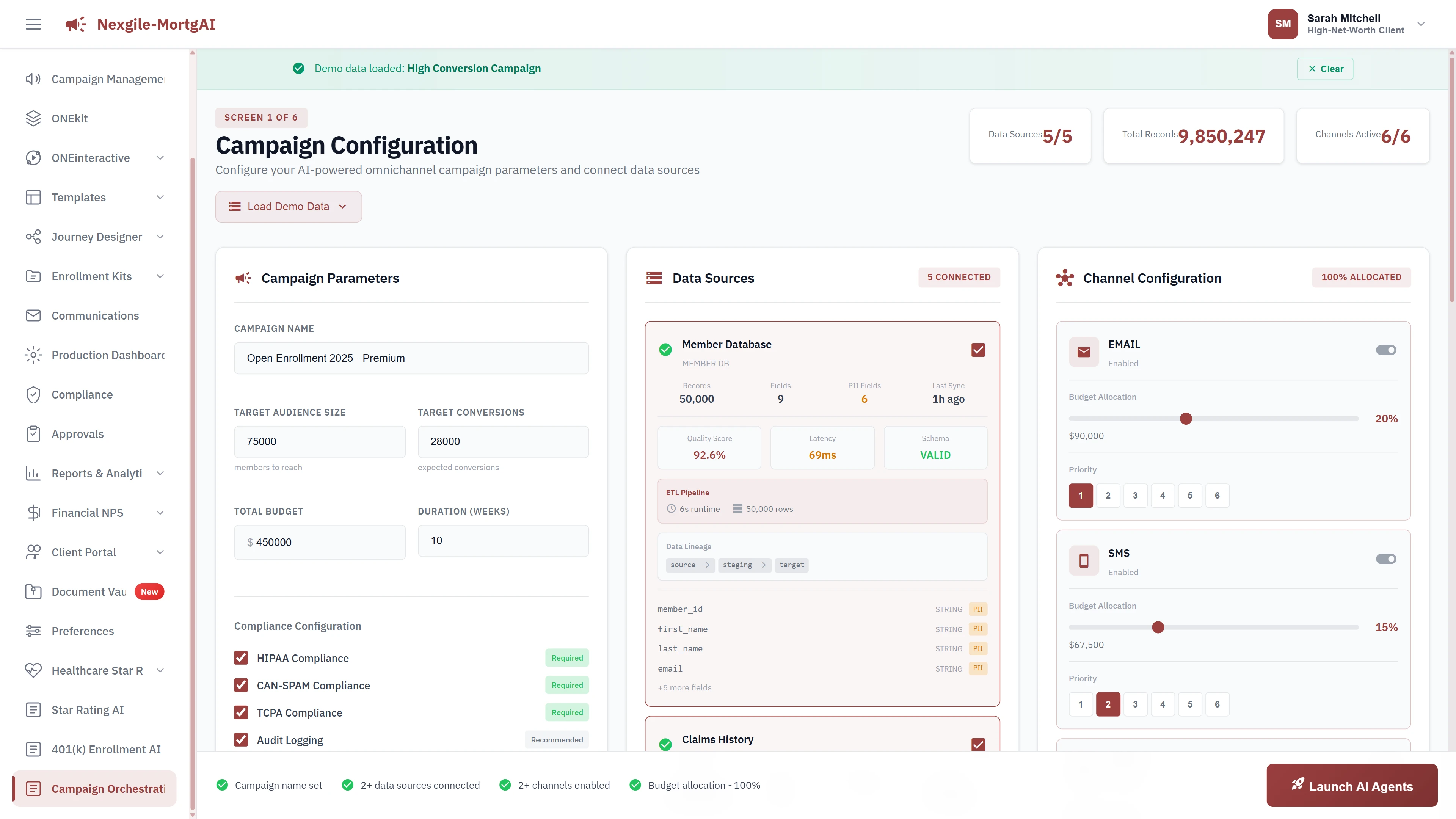 Campaign Configuration screen for data sources, channel allocation, and compliance setup.